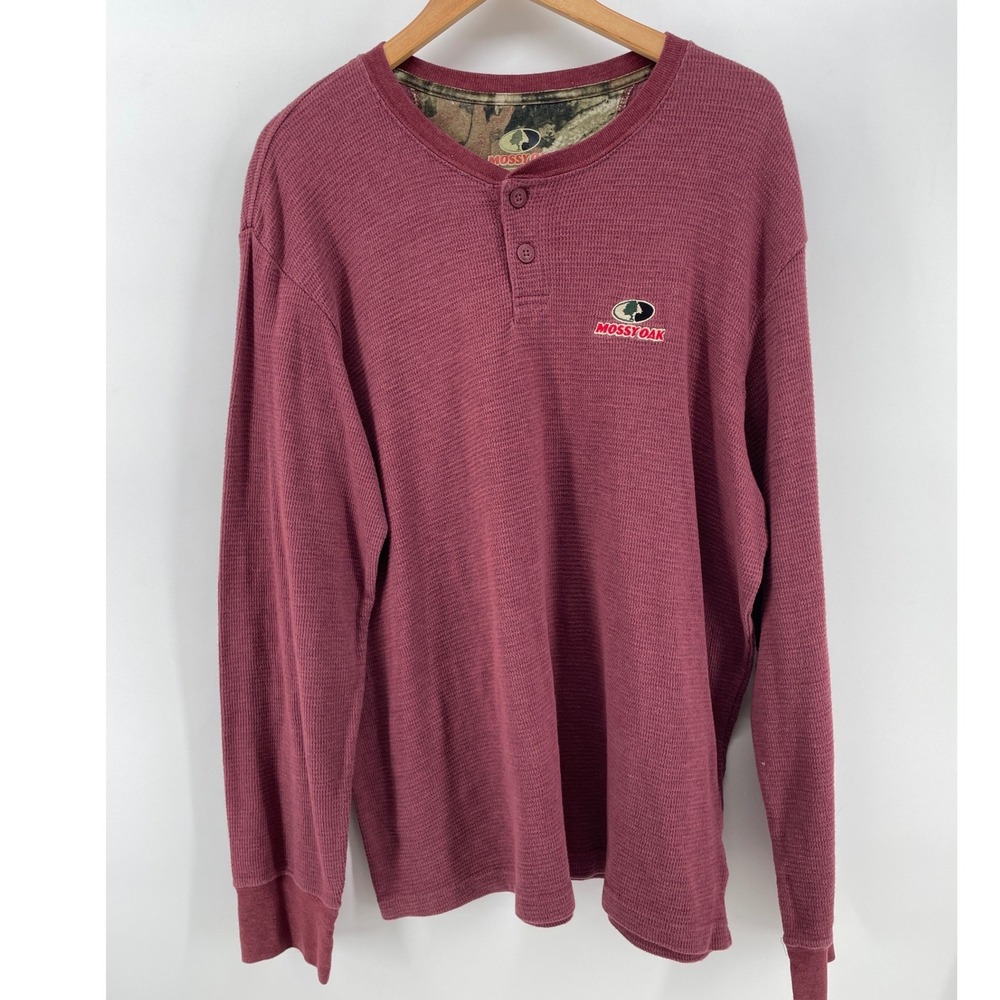 Mossy Oak Henley Shirt Mens XL Burgundy Waffle Knit Long Sleeve Thermal logo